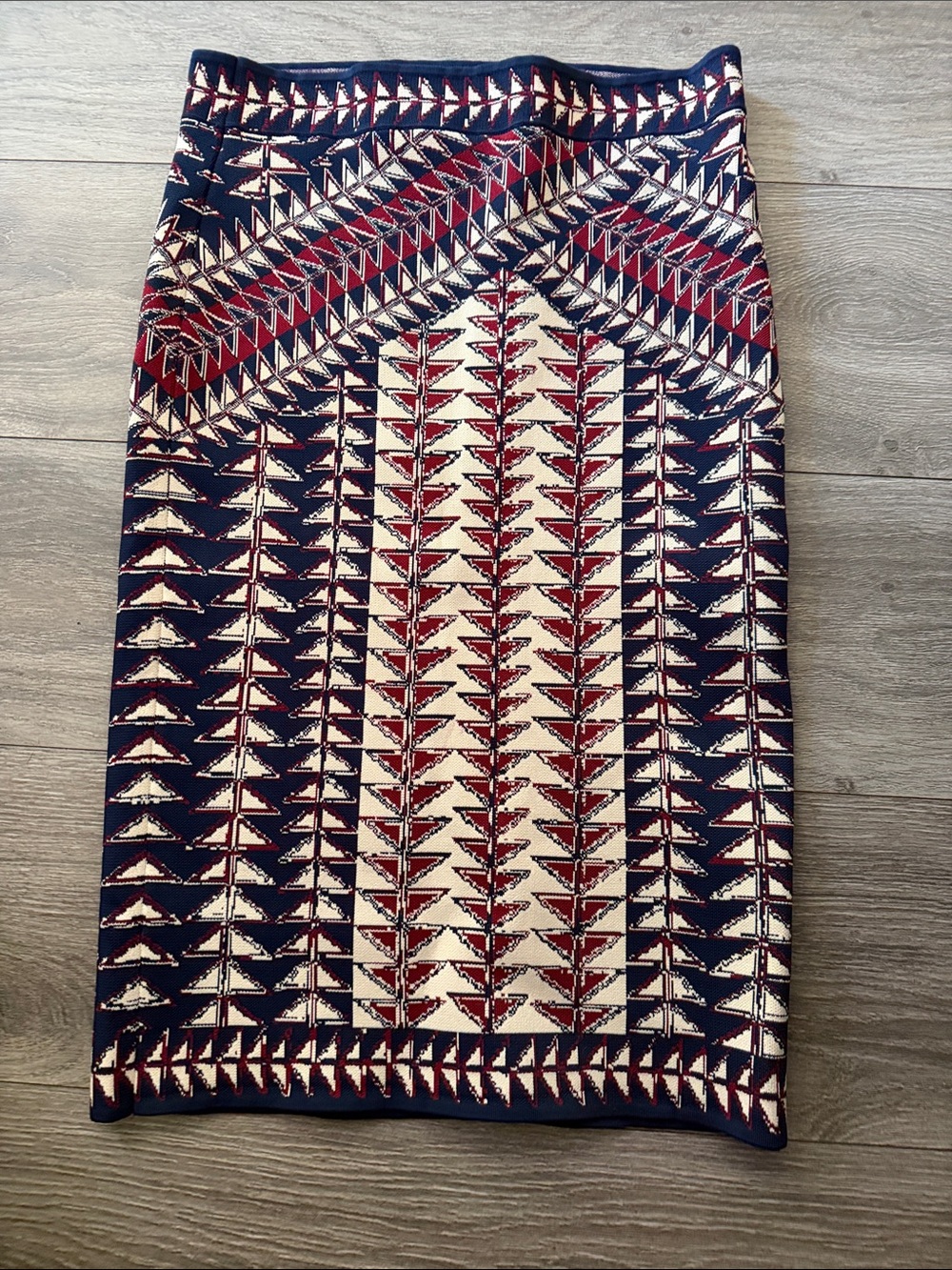 BCBGMaxAzria Navy, Cream & Burgundy Geometric Pencil Skirt